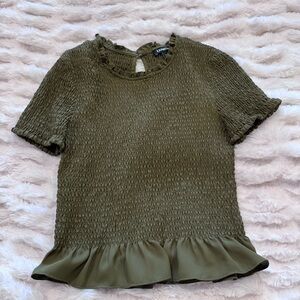Express Olive Smocked Short Sleeve Top